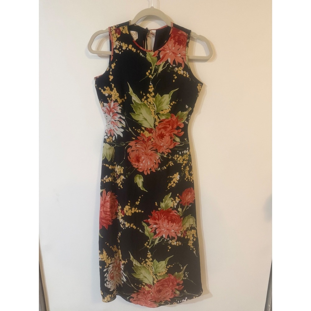 Talbots Petites Pure Silk Floral Sleeveless Midi Dress Black Red Yellow M